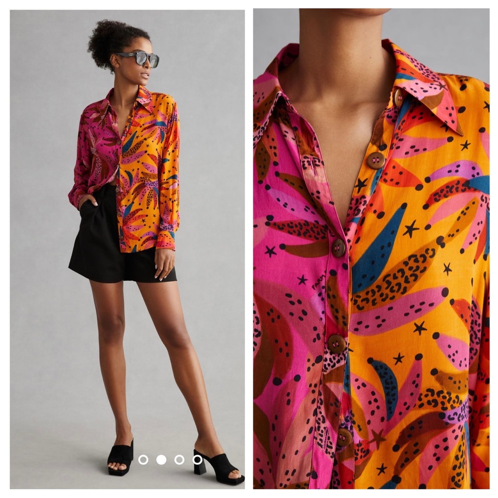 Anthropologie Farm Rio Classic Buttondown Sz S pink orange bananas Oversized